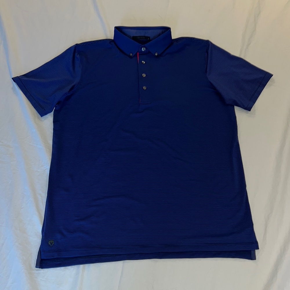 Greyson Mens Polo shirt, navy on blue micro stripe, red/pink detail, Large